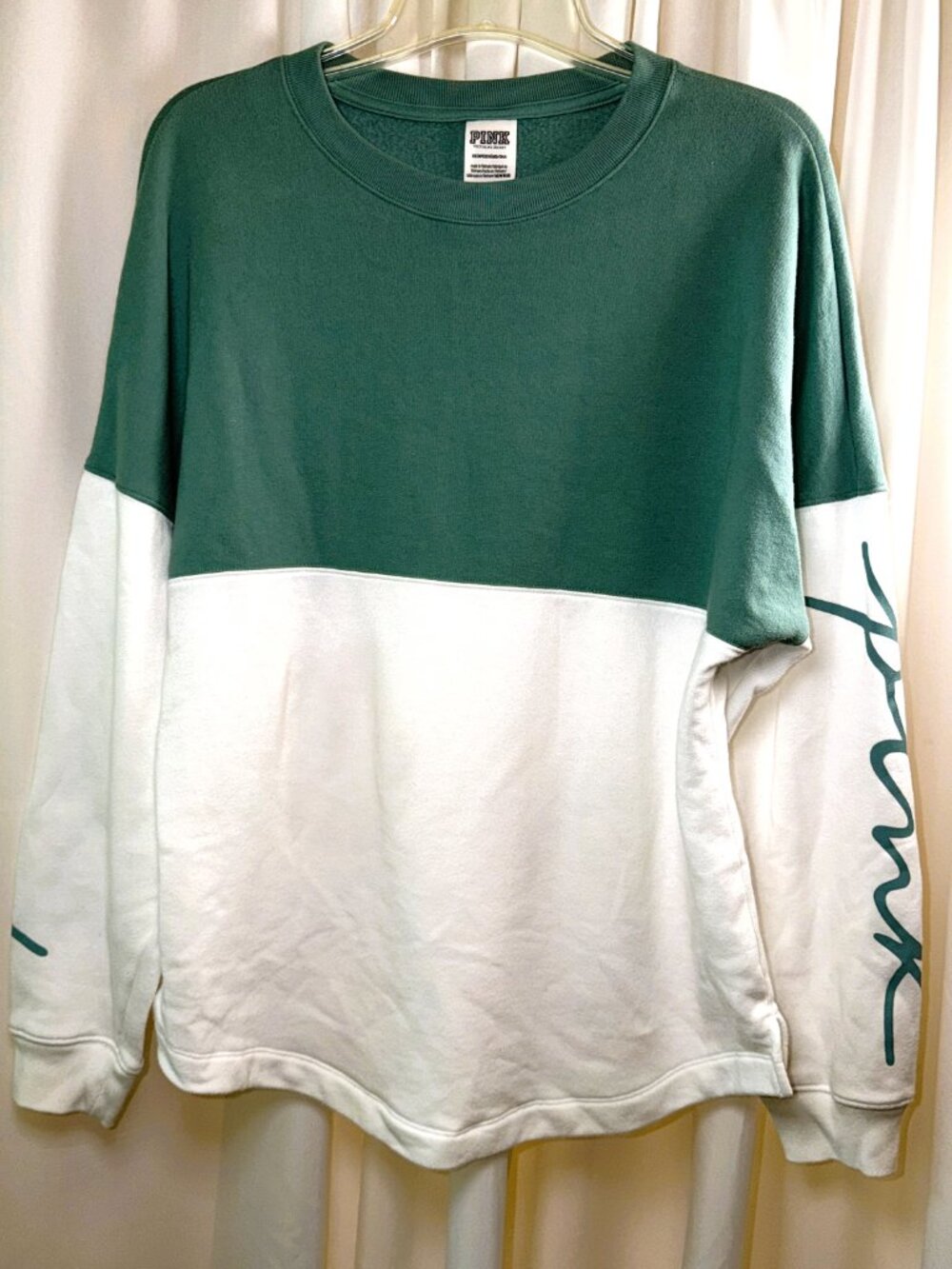 Women's Victoria's Secret PINK White & Mint Green LS Pullover Sweatshirt Size XS
